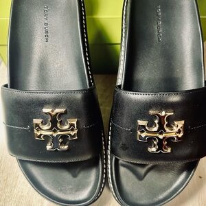 Tory Burch Black Leather Slides with Gold Emblem